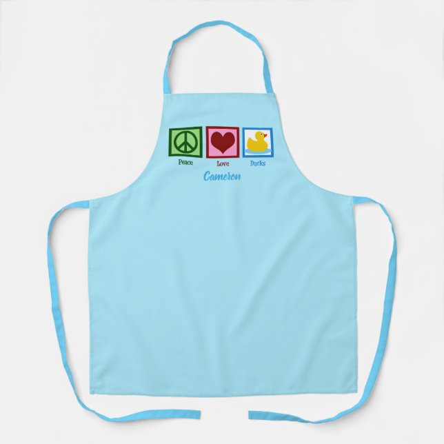 Tablier Peace Love Canards mignon Monogramme bleu (Recto)