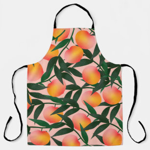 Tablier Peach pattern on pink background. Hand drawn fruit