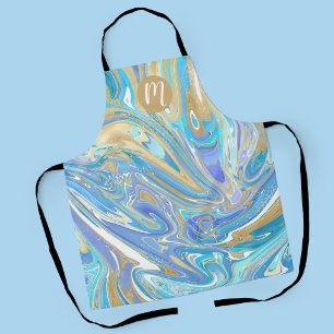 Tablier Pearlescent Aqua & Gold Liquide Marbre & Monogramm