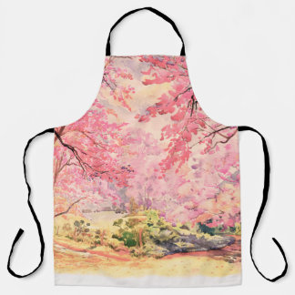 Tablier Peinture aquarelle paysage rose fleur rouge rose d