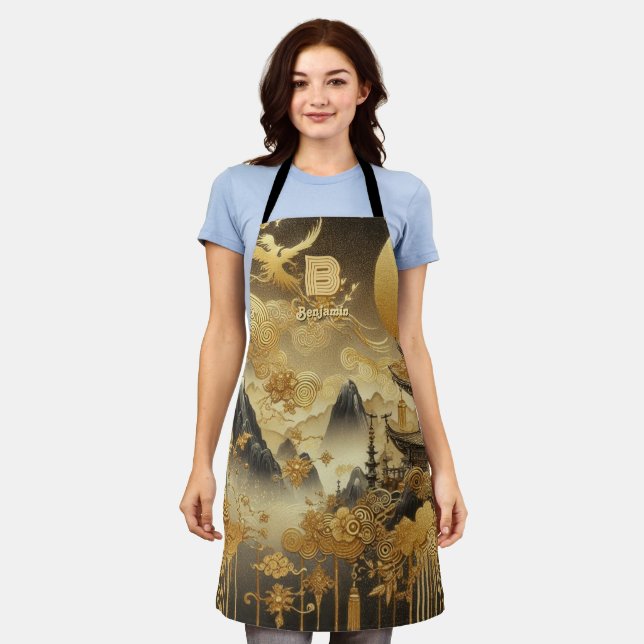Tablier Peinture chinoise Faux Golden Dripping Monogramme (Porté)