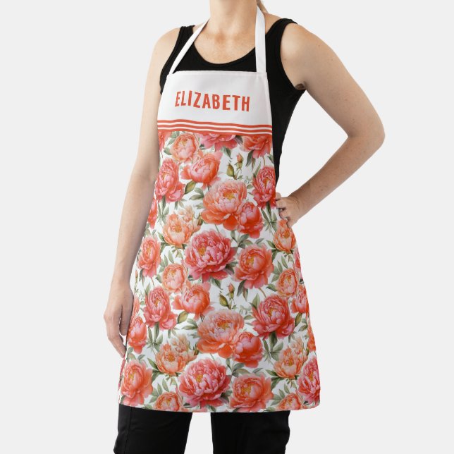 Tablier Peonies roses Orange Motif Floral | Personnalisé (Insitu)