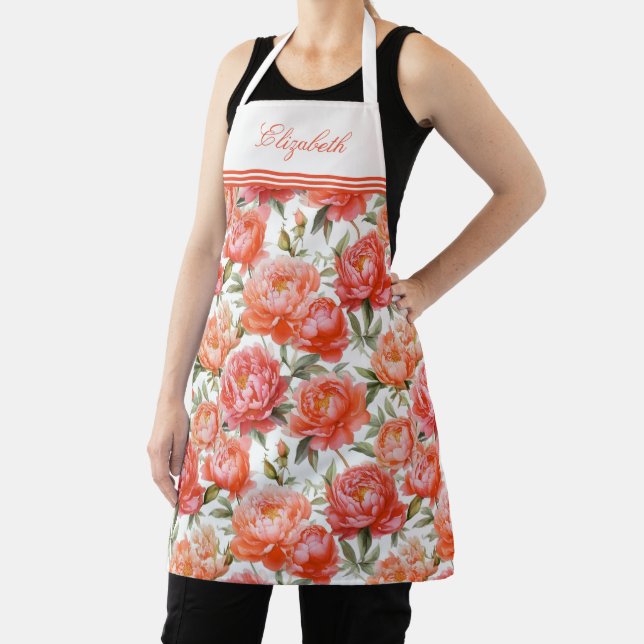 Tablier Peonies roses Orange Motif Floral | Personnalisé (Insitu)