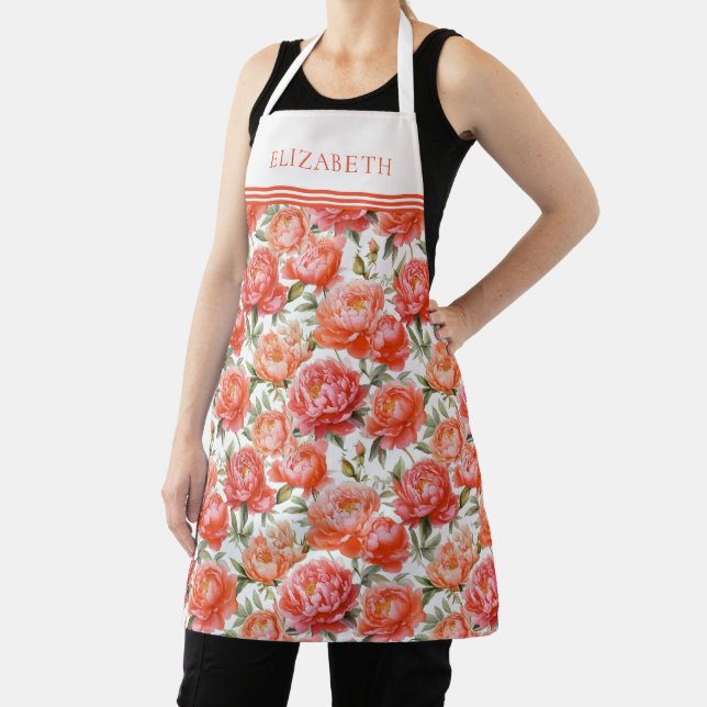 Tablier Peonies roses Orange Motif Floral | Personnalisé (Insitu)