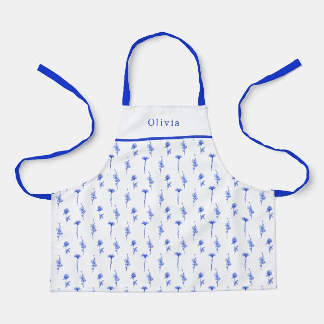 Tablier Personalised Blue Floral Pattern Apron. (Recto)