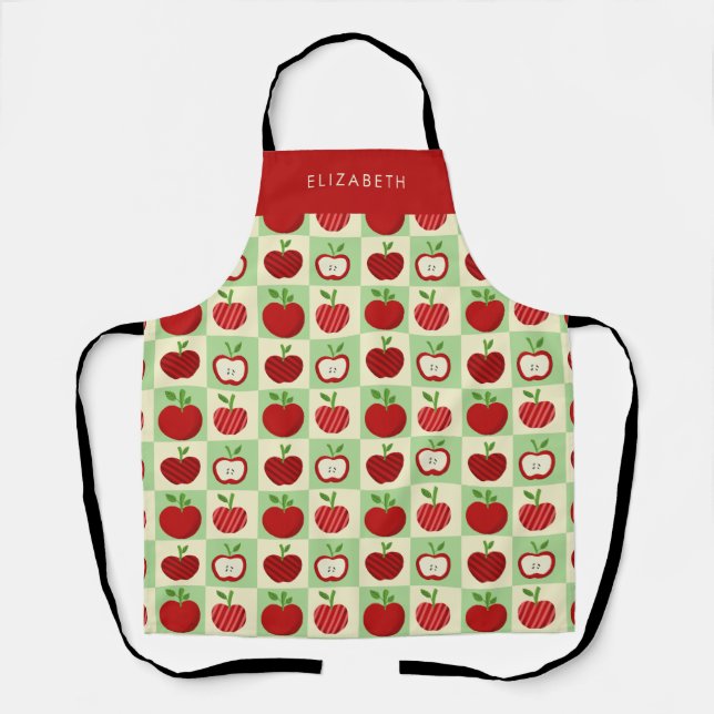 Tablier Personalized Apple Pattern Check Cozy Teacher (Recto)