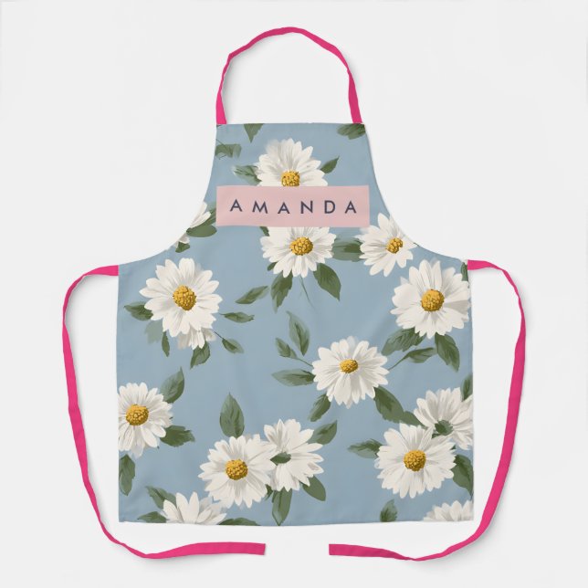 Tablier Personalized Charming White Daisies on Dusty Blue (Recto)