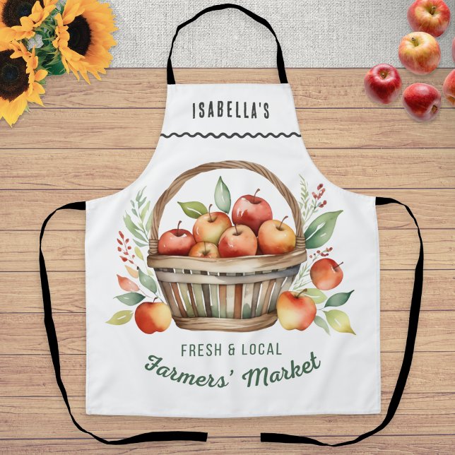 Tablier Personalized Farmers Market Rustic Apples Kitchen (A Farmers' Market themed apron with basket of apples illustration and personalized name)