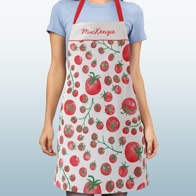 Tablier Personalized Name Tomato Pattern (Fun Mediterranean summer watercolor tomato pattern apron)