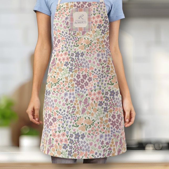 Tablier Personalized Patchwork Floral & Plaid Apron (Floral Cottagecore Apron – Colorful Vintage-Inspired Kitchen Gift)