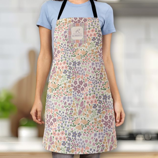 Tablier Personalized Patchwork Floral & Plaid Apron (Floral Cottagecore Apron – Colorful Vintage-Inspired Kitchen Gift)