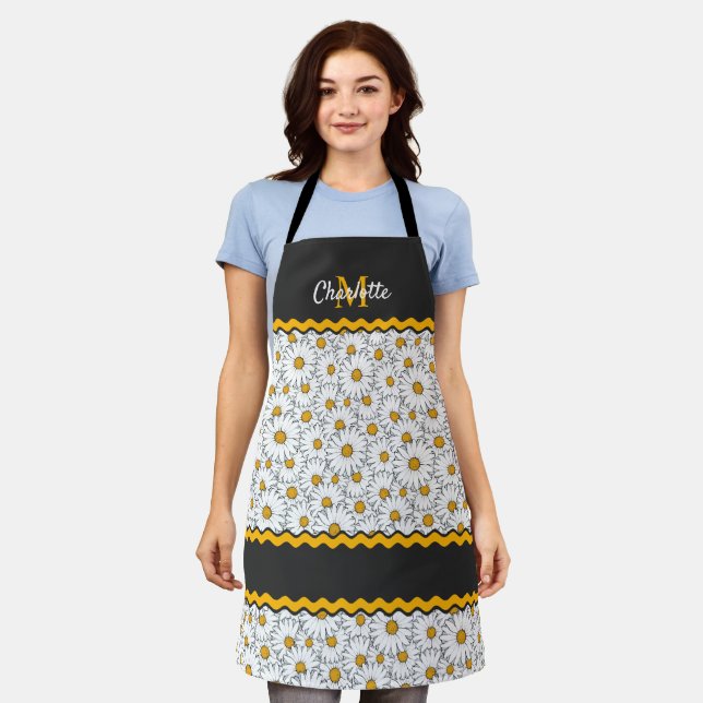 Tablier Personnalisé gris foncé noir blanc jaune Motif mar (Porté)