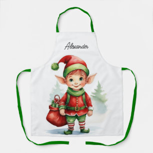 Tablier Personnaliser Nom elfe de Noël avec sac de cadeaux