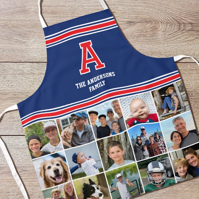 Tablier Photo Collage Famille Monogrammé Rouge Marine Bleu (Créateur téléchargé)