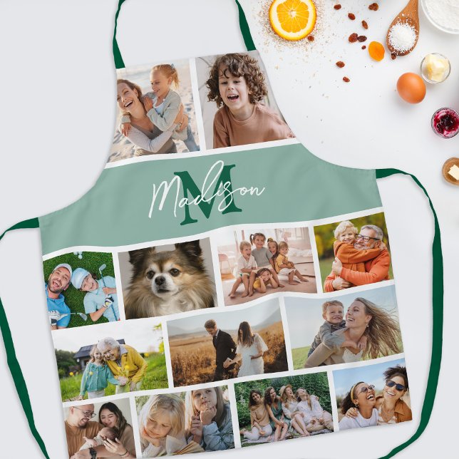 Tablier Photo Collage vert Monogramme (Créateur téléchargé)