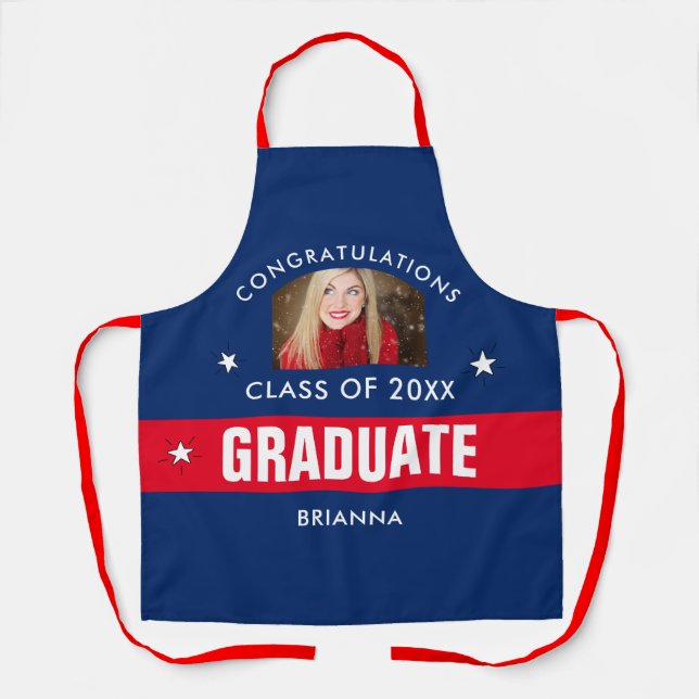 Tablier Photo de graduation en bleu rouge et marine (Recto)