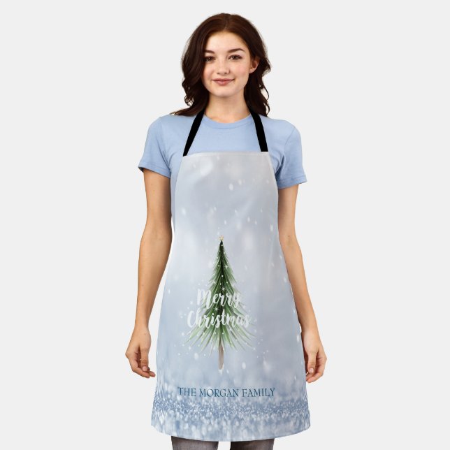 Tablier Pine de Noël Joyeux Noël Bleu Vacances (Porté)