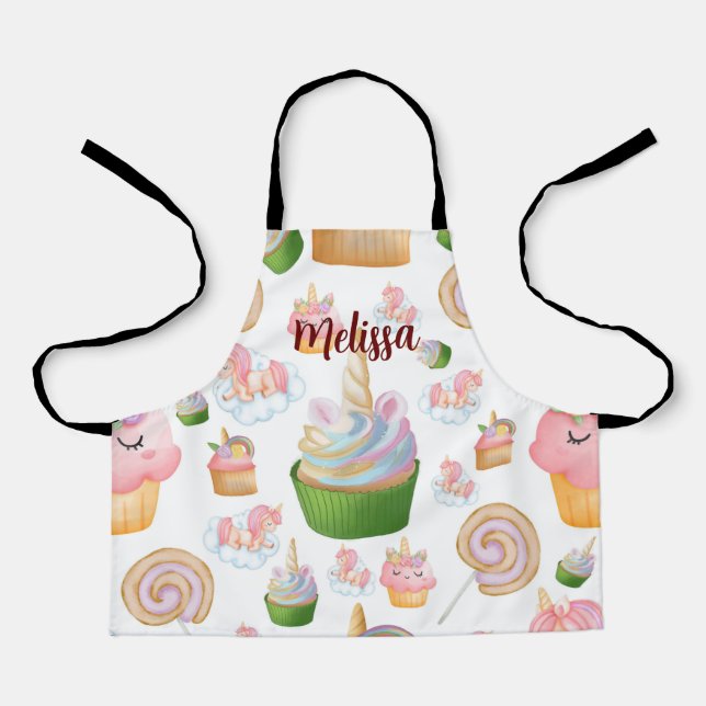 Tablier Pink Cute Aquarelle Baking Cupcake Unicorne (Recto)