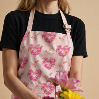 Tablier Pink Floral Hearts Pattern All-Over Print Apron