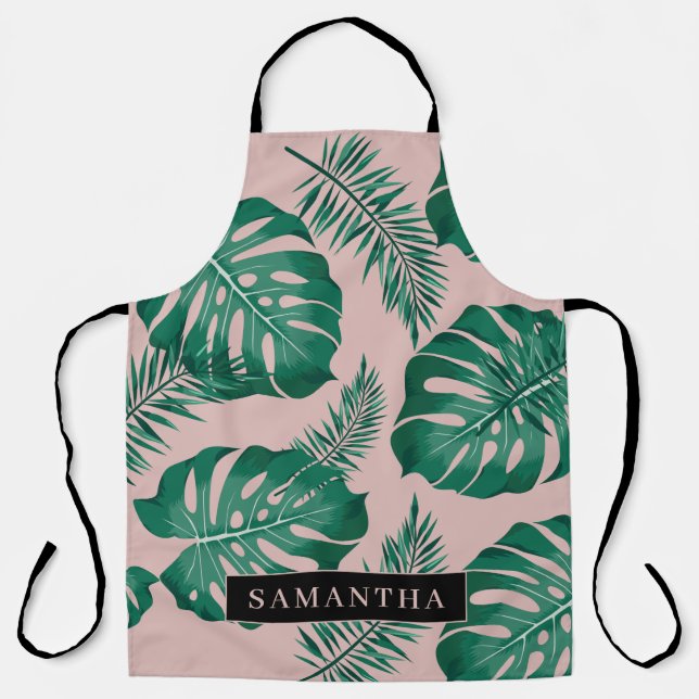 Tablier Pink & Green Palm Feuille Motif & nom (Recto)