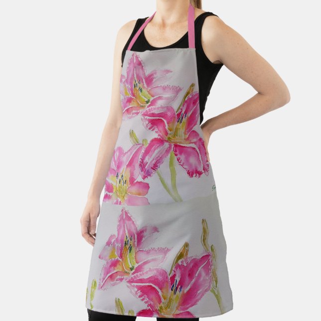 Tablier Pink Lily motif floral Aquarelle Élégante (Insitu)