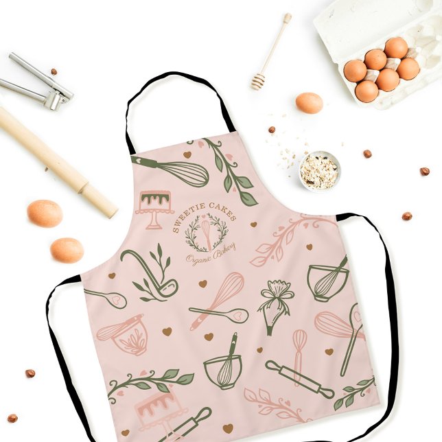 Tablier Pink & Olive Green Baking & Cuisine Ustensiles Bou (Pink & Olive Green Baking & Cooking Utensil Bakery Apron)
