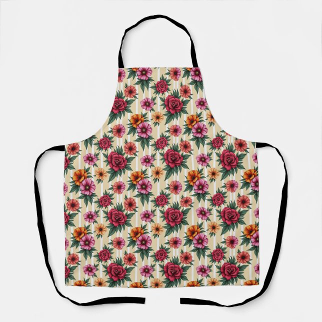 Tablier Pink Red Gold Flowers on Tan Stripes (Recto)