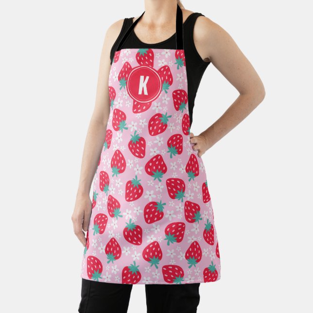 Tablier Pink Red Strawberries Floral  Pattern Monogram (Insitu)