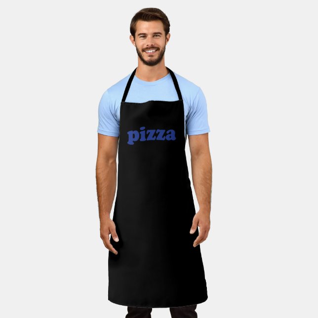Tablier Pizza bleu lettres noir drôle cuisine (Porté)