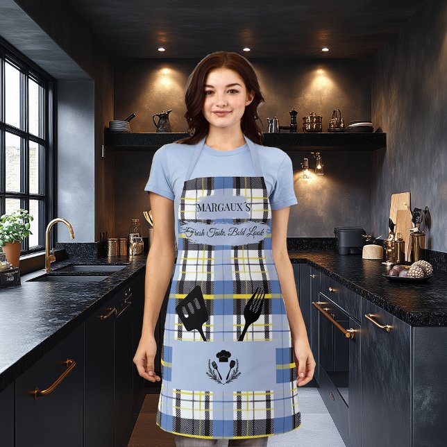 Tablier Plaid bleu personnalisé avec Cuisine Ustensiles Po (Créateur téléchargé)