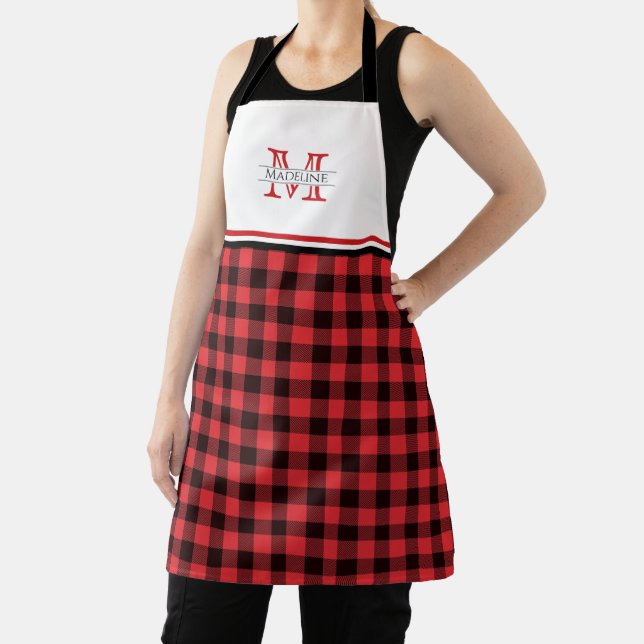 Tablier Plaid de buffle rouge et noir | Monogramme (Insitu)