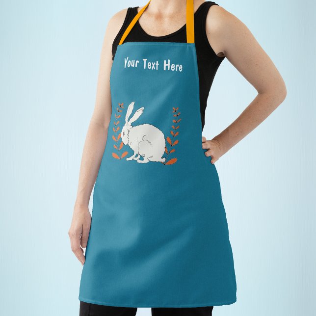 Tablier Plantes de Fleur Orange de Lapin Blanc assis sur B (White sitting rabbit with orange flowers on dark blue kitchen apron.)