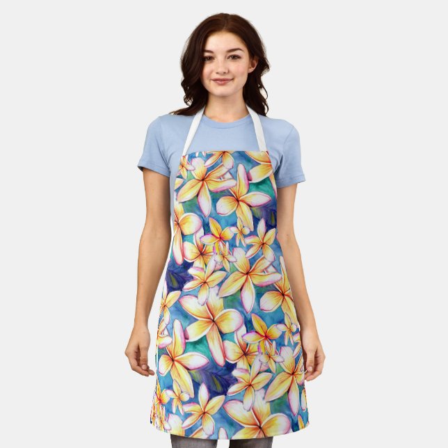Tablier Plumeria Fleurs Tropical Island Kitchen Apron (Porté)