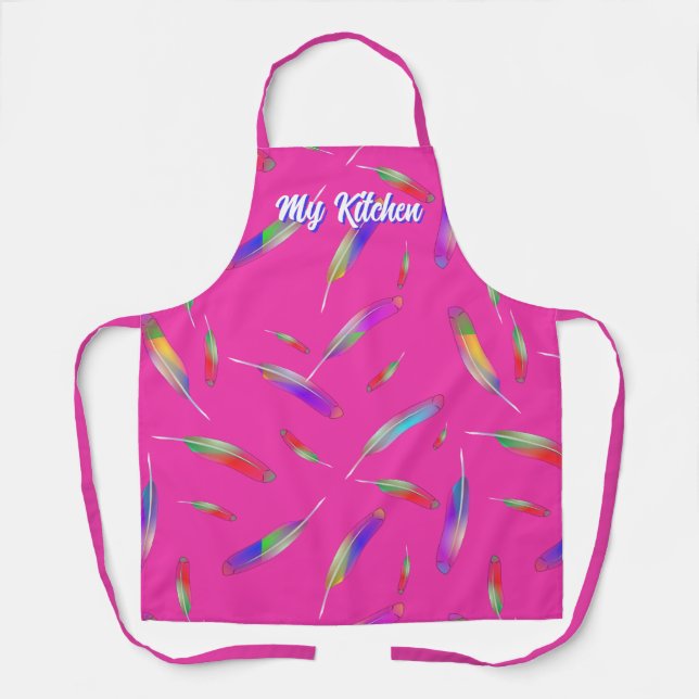 Tablier Plumes couleur bleu rose chaud brillant (Recto)