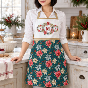 Tablier Poinsettia sarcelle Monogramme Noël Cuisine Cadeau