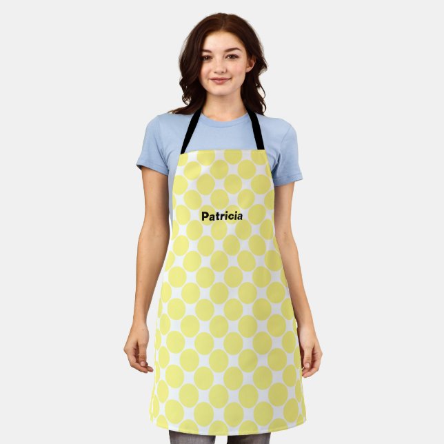 Tablier Pois Jaunes Blanc Personnalisé Nom Cute Cadeau (Porté)