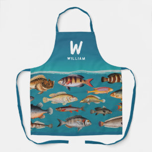 Tablier Poisson Coloré Monogramme Sous Océan Bleu