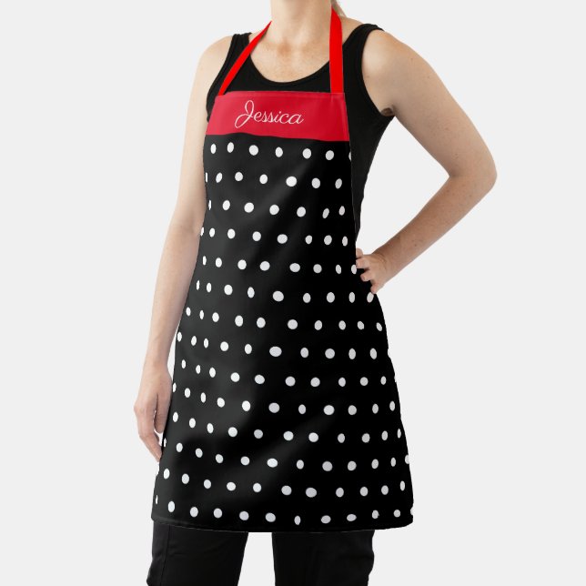 Tablier Polka noir et blanc Pointe rouge Nom personnalisé (Insitu)
