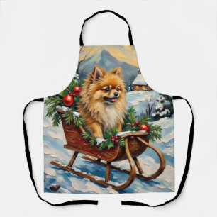 Tablier Pomeranian vintage dans un traîneau de Noël en boi