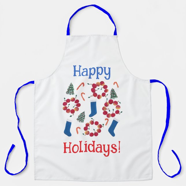 Tablier Pommes Wreathes Blue Stockings Joyeux Vacances Apr (Recto)