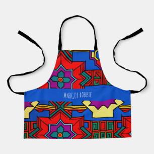 Tablier Pop up fleurs hexagonales Rouge Bleu Motif isométr