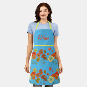 Tablier Poppies de pavot Aquarelle rouge Apron bleu floral