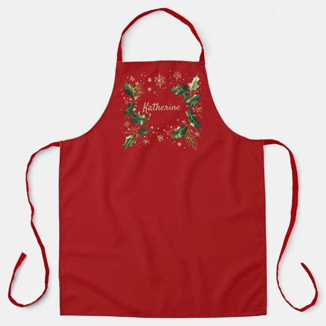 Tablier Pretty Personalized Holly & Snowflakes Xmas Apron (Recto)