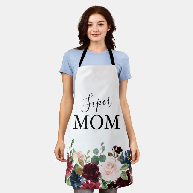 Tablier Printemps Russe Bourgogne Calligraphie Super Maman (Porté)
