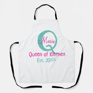 Tablier Queen of cuisine monogramme vert rose simple minim