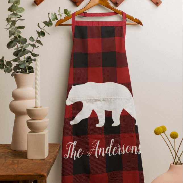 Tablier Red Buffalo Plaid & Bear | Nom personnel Cadeau (Créateur téléchargé)