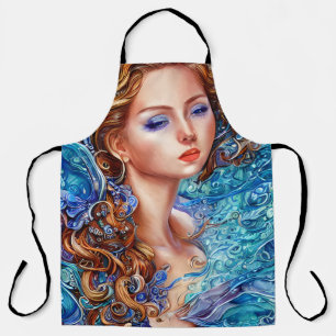 Tablier Red Head Goddess Blue Ocean Waves Imaginaire Art