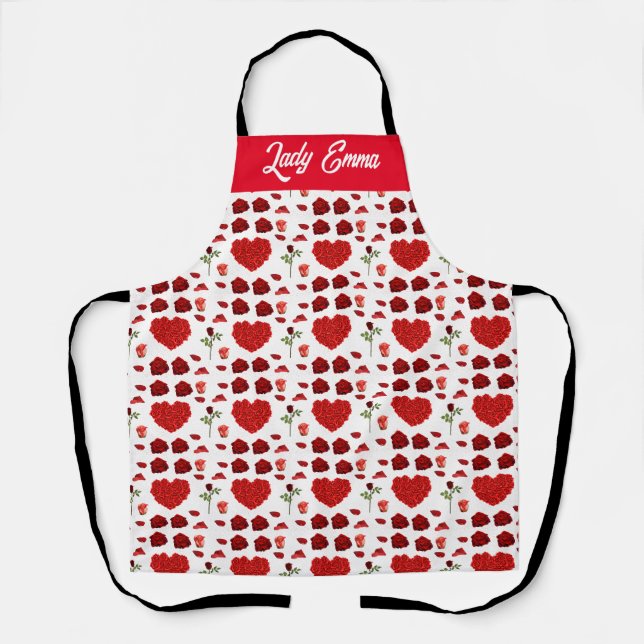 Tablier Red heart red flowers garden chic floral foliage (Recto)