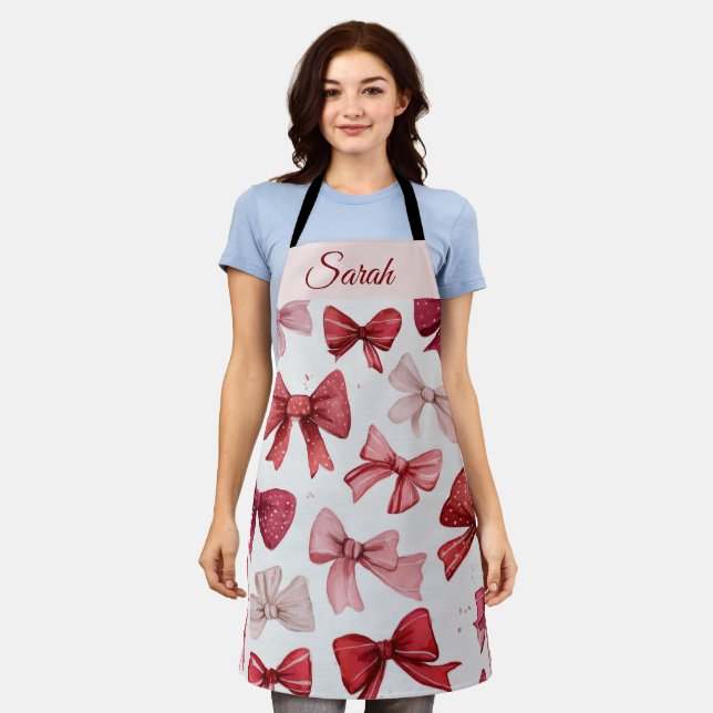 Tablier Red & Pink Bows Personalized Christmas Apron (Porté)