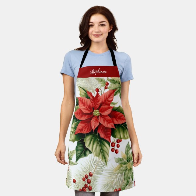 Tablier Red Poinsettia Holly Berry Noël personnalisé (Porté)
